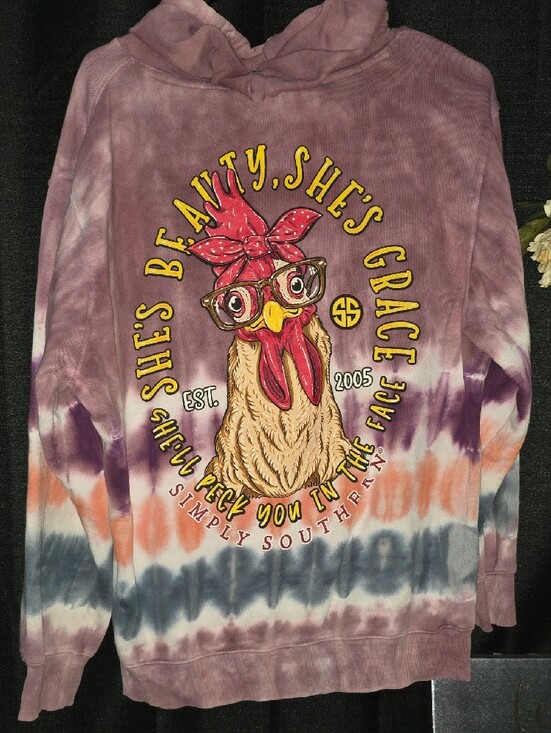 Simply Southern Tops - CHICKEN Simply Southern SZ S Tie-Dye Hoodie in Mauve, Purple, Orange & Blue